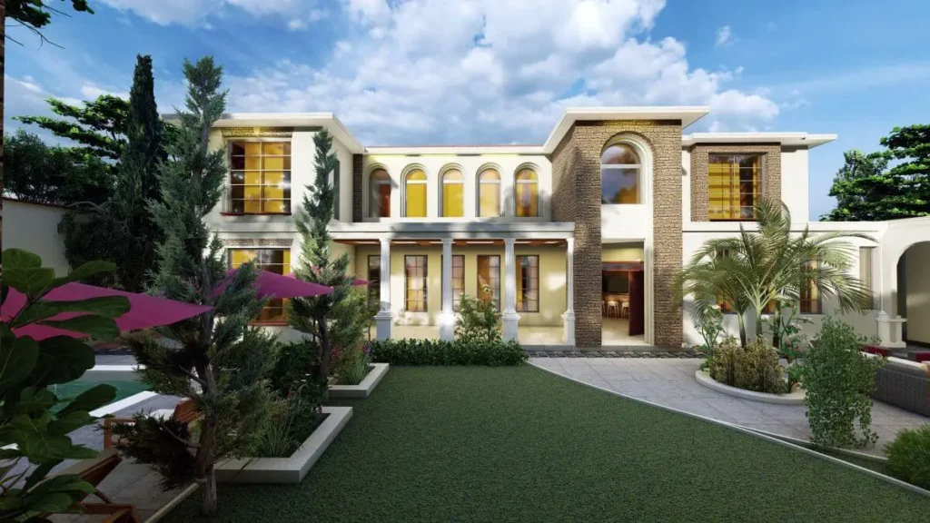 Two-storey residential villa exterior with landscaped garden, WMK Architects Uganda